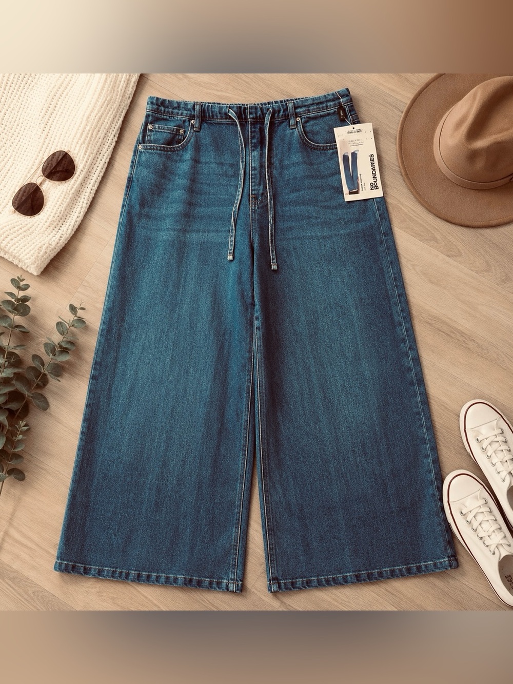 NWT No Boundaries Pull-On Wide Leg Jeans XL 16-18 Mid Rise Drawstring